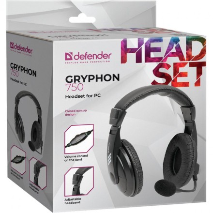 Стереонаушники Полноразмерные Defender Gryphon 750 с микрофоном 2м черные