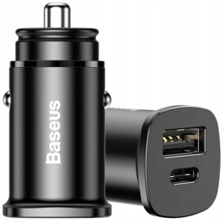 Автомобильное зарядное устройство Baseus Square Metal 1USB+1C 30W (CCALL-AS01) черное