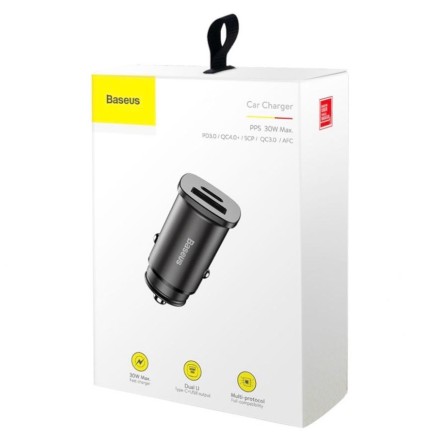 Автомобильное зарядное устройство Baseus Square Metal 1USB+1C 30W (CCALL-AS01) черное