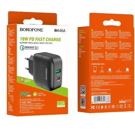 Сетевое зарядное устройство Borofone BA46A 1USB/1C PD3.0/QC3.0 3A 18W черное
