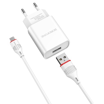 Сетевое зарядное устройство Borofone BA20A с шнуром Micro 1USB 2.1A белое