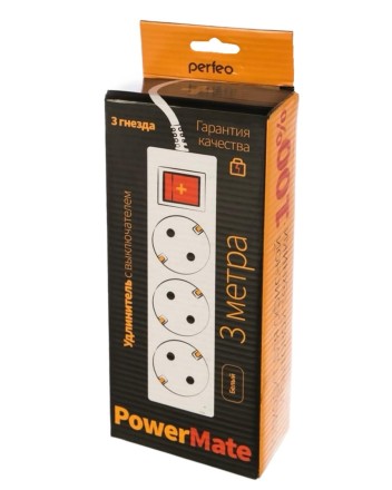 Perfeo сетевой удлинитель с кнопкой &quot;POWERMATE&quot;, 3,0м, 3 розетки, белый(PF-PM-3/3,0-W)