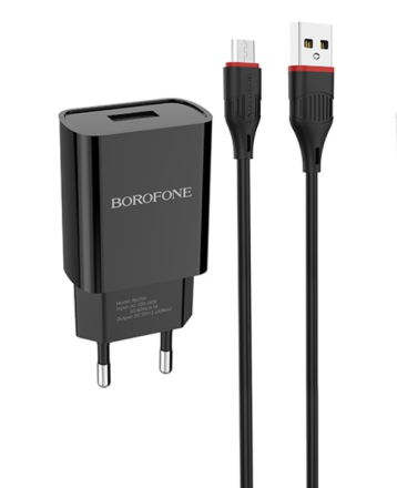 Сетевое зар. устр. Borofone BA20A с шнуром Micro 1USB 2.1A черное