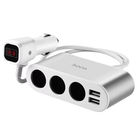 Разветвитель прикуривателя Hoco Z13 12/24В 3 гнезда/2USB + LCD серебристый
