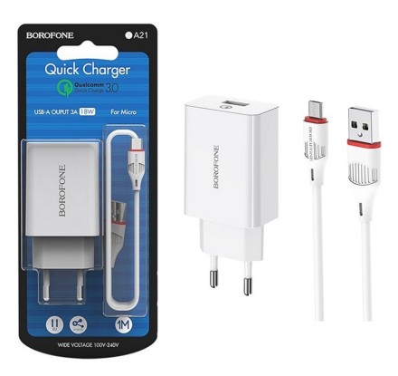 Сетевое зарядное устройство Borofone BA21A с шнуром Micro 1USB 2.1A белое