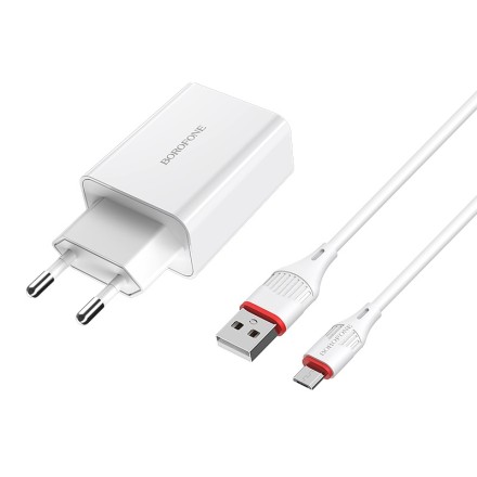 Сетевое зарядное устройство Borofone BA21A с шнуром Micro 1USB 2.1A белое