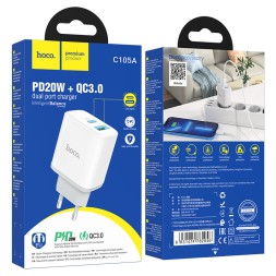 Сетевое зар. устр. Hoco C105A 1USB/1С PD/QC3.0 3A 20W белое
