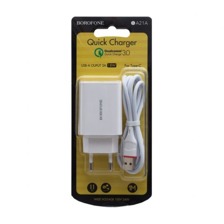 Сетевое зарядное устройство Borofone BA21A с кабелем Type-C, 1xUSB, 18W, 3A, белый