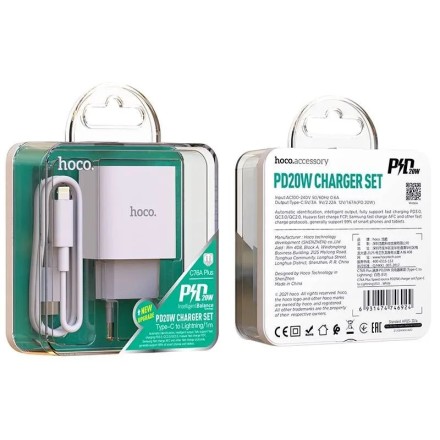 Сетевое зарядное устройство Hoco C76A Plus с шнуром Type-C на Lightning 1C 3A 20W белое