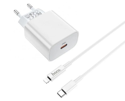 Сетевое зарядное устройство Hoco C76A Plus с шнуром Type-C на Lightning 1C 3A 20W белое