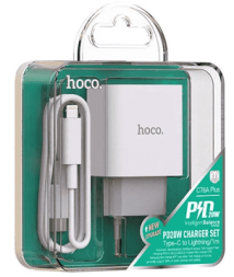 Сетевое зарядное устройство Hoco C76A Plus с шнуром Type-C на Lightning 1C 3A 20W белое
