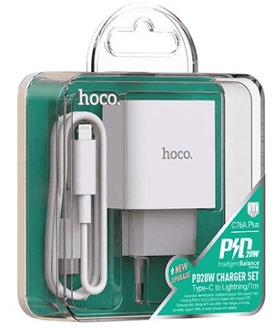 Сетевое зарядное устройство Hoco C76A Plus с шнуром Type-C на Lightning 1C 3A 20W белое