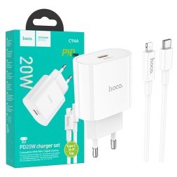 Сетевое зарядное устройство Hoco C94A с шнуром Type-C на Lightning 1C 20W белое