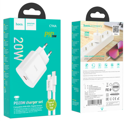Сетевое зарядное устройство Hoco C94A с шнуром Type-C на Lightning 1C 20W белое