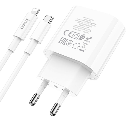 Сетевое зарядное устройство Hoco C94A с шнуром Type-C на Lightning 1C 20W белое