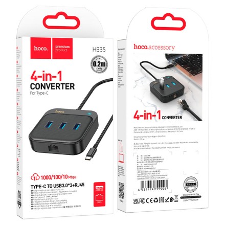 USB-С хаб Hoco HB35 3xUSB3.0/RJ45 0.2м черный