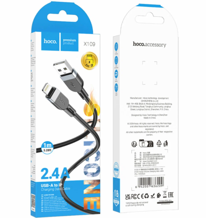 Usb Кабель-зарядка Lightning Hoco X109 2.4A 2м силиконовый черный
