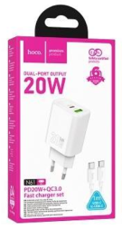 Сетевое зар. устр. Hoco N61 с шнуром Type-C 1USB/1C 20W белое