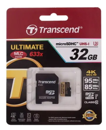 micro SDHC карта памяти Transcend 32GB Class 10 UHS-I U3 633X 95/85 Mb (с адаптером SD)