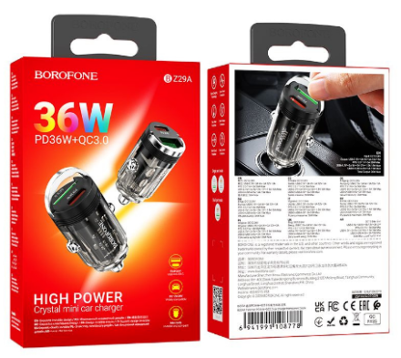 Автомобильное заряд. устр. Borofone BZ29A 1USB/1C 36W черное