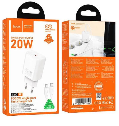 Сетевое зар. устр. Hoco N60 с шнуром Type-C на Type-C 1С 20W белое