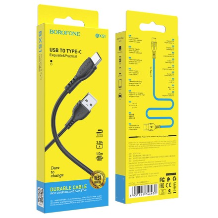 Usb Кабель Type-C Borofone BX51 Triumph 3A 1м силиконовый черный