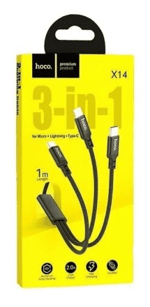 Usb Кабель-зарядка Hoco X14 3-in-1 Times Lightning/Micro/Type-C 2.4A 1м в тканевой оплётке чёрный