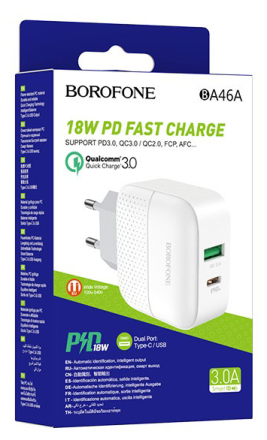 Сетевое зарядное устройство Borofone BA46A 1USB/1C PD3.0/QC3.0 3A 18W белое