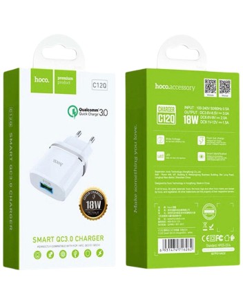 Сетевое зарядное устройство Hoco C12Q 1USB QC3.0 2.4A белое