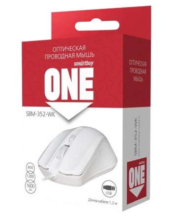 Мышь проводная Smartbuy ONE 352 USB/DPI 800-1200-1600/4 кнопки/1.24м (SBM-352-WK) белая