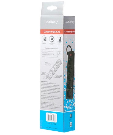 Сетевой фильтр Smartbuy One, 10А, 2 200 Вт, 5 розеток, длина 3,0 м, черный (SBSP-30-K)/45