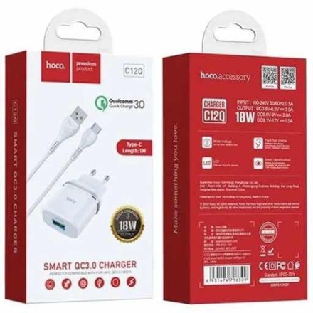 Сетевое зарядное устройство Hoco C12Q с шнуром Type-C 1USB QC3.0 2.4A белое