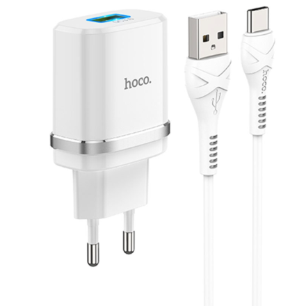 Сетевое зарядное устройство Hoco C12Q с шнуром Type-C 1USB QC3.0 2.4A белое