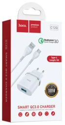 Сетевое зарядное устройство Hoco C12Q с шнуром Type-C 1USB QC3.0 2.4A белое