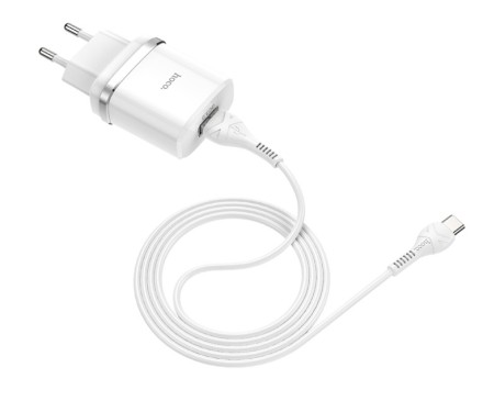 Сетевое зарядное устройство Hoco C12Q с шнуром Type-C 1USB QC3.0 2.4A белое