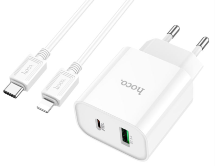 Сетевое зарядное устройство Hoco C80A Plus с шнуром Type-C на Lightning 1USB/1С PD3.0/QC3.0 3A 20W белое