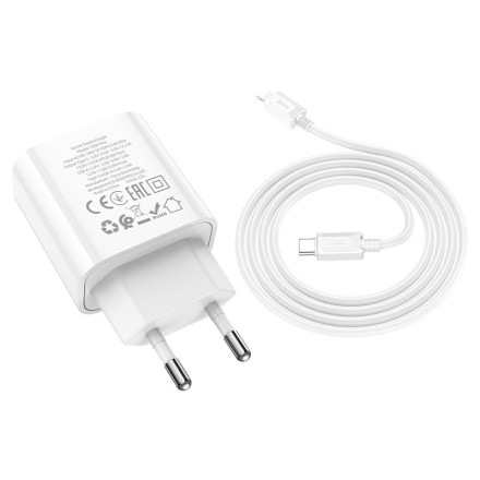 Сетевое зарядное устройство Hoco C80A Plus с шнуром Type-C на Lightning 1USB/1С PD3.0/QC3.0 3A 20W белое