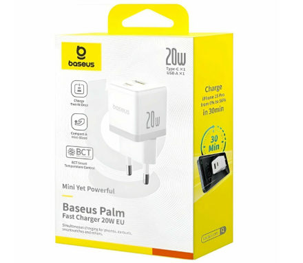 Сетевое зар. устр. Baseus Palm Fast Charger 1USB/1C 20W (P10111608213-01) белое