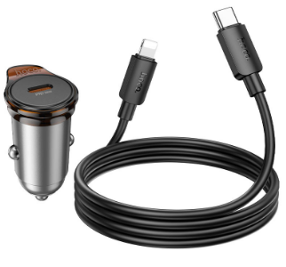 Автомобильное заряд. устр. Hoco NZ16A с шнуром Type-C на Lightning 1USB/1C серое