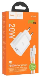 Сетевое зарядное устройство Hoco C94A с шнуром Type-C на Type-C 1C 20W белое