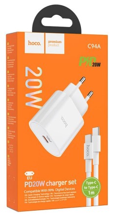 Сетевое зарядное устройство Hoco C94A с шнуром Type-C на Type-C 1C 20W белое