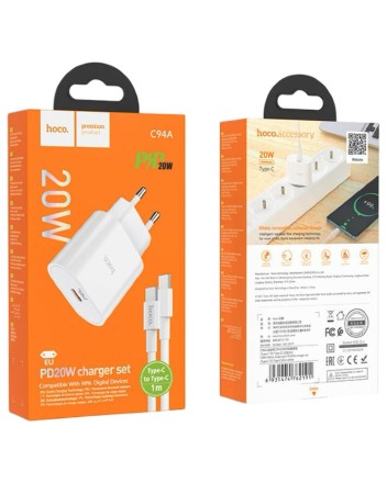 Сетевое зарядное устройство Hoco C94A с шнуром Type-C на Type-C 1C 20W белое