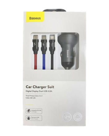 Автомобильное заряд. устр. Baseus Digital Display 2USB 2.4A с каб. 3в1 TZCCBX-0G серое