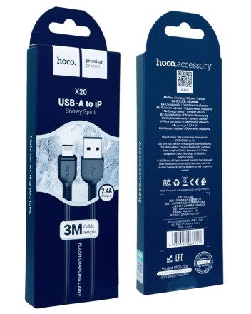 Usb Кабель-зарядка Lightning Hoco X20 Flash 2.0A 3м силиконовый черный