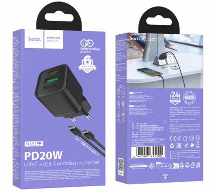 Сетевое зар. устр. Hoco N65 с шнуром Type-C на Type-C 1USB/1С черное