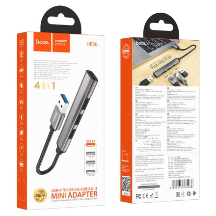 USB 3.0 хаб Hoco HB26 4 порта 3 USB2.0/1 USB3.0 серебристый
