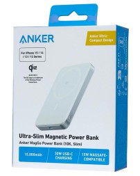 Powerbank с беспроводной зарядкой Anker MagGo Ultra-Slim 10000mAh 15W 1USB/1C (A1664P61) голубой