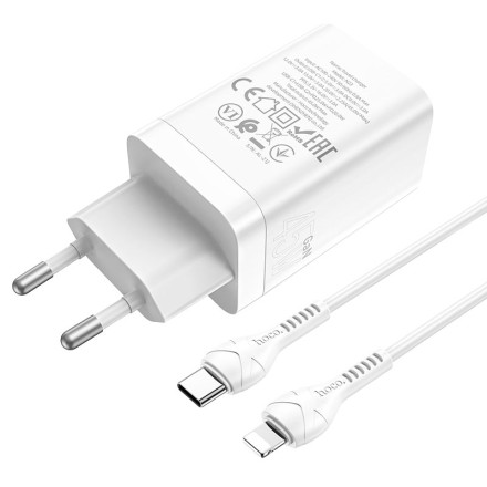 Сетевое зар. устр. Hoco N23 GaN с шнуром Type-C на Lightning 2C 45W белое