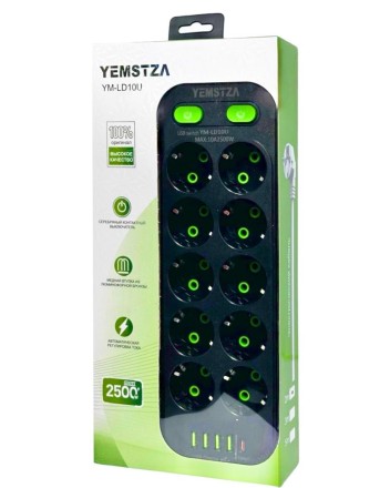Сетевой фильтр Yemstza 2500W-10A(Max) 10 розеток+4USB+1USB-C 5м. черный