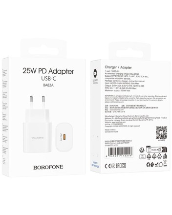Сетевое зарядное устройство Borofone BA82A с кабелем Type-C на Type-C 1C 25W 3A белое